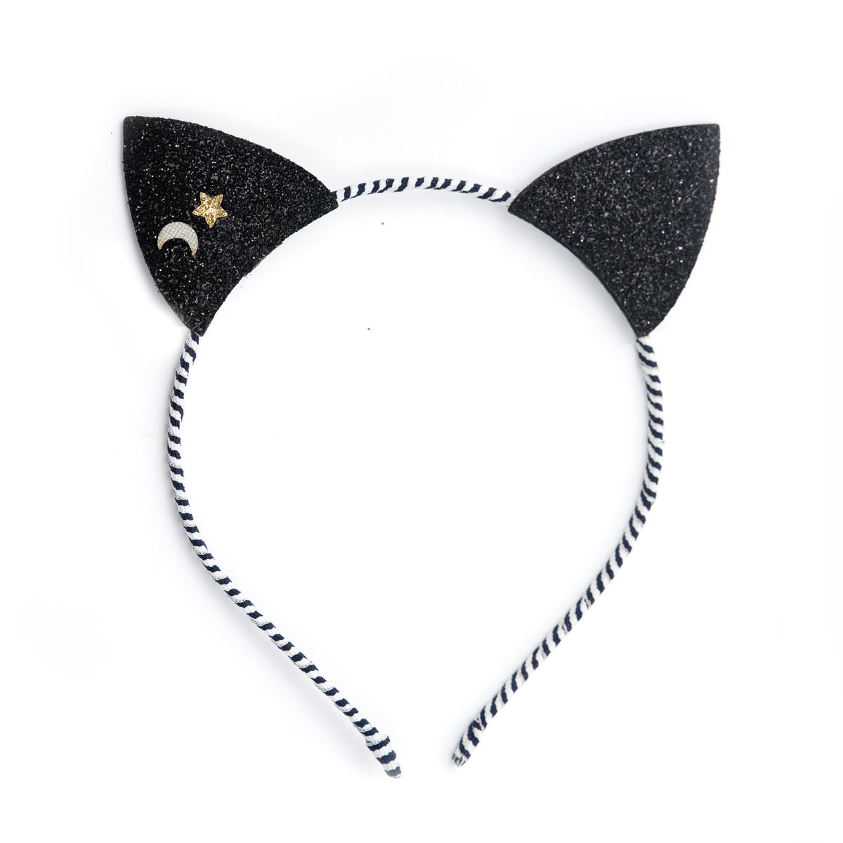 Black glitter cat ear headband with a star and moon detail on a white background