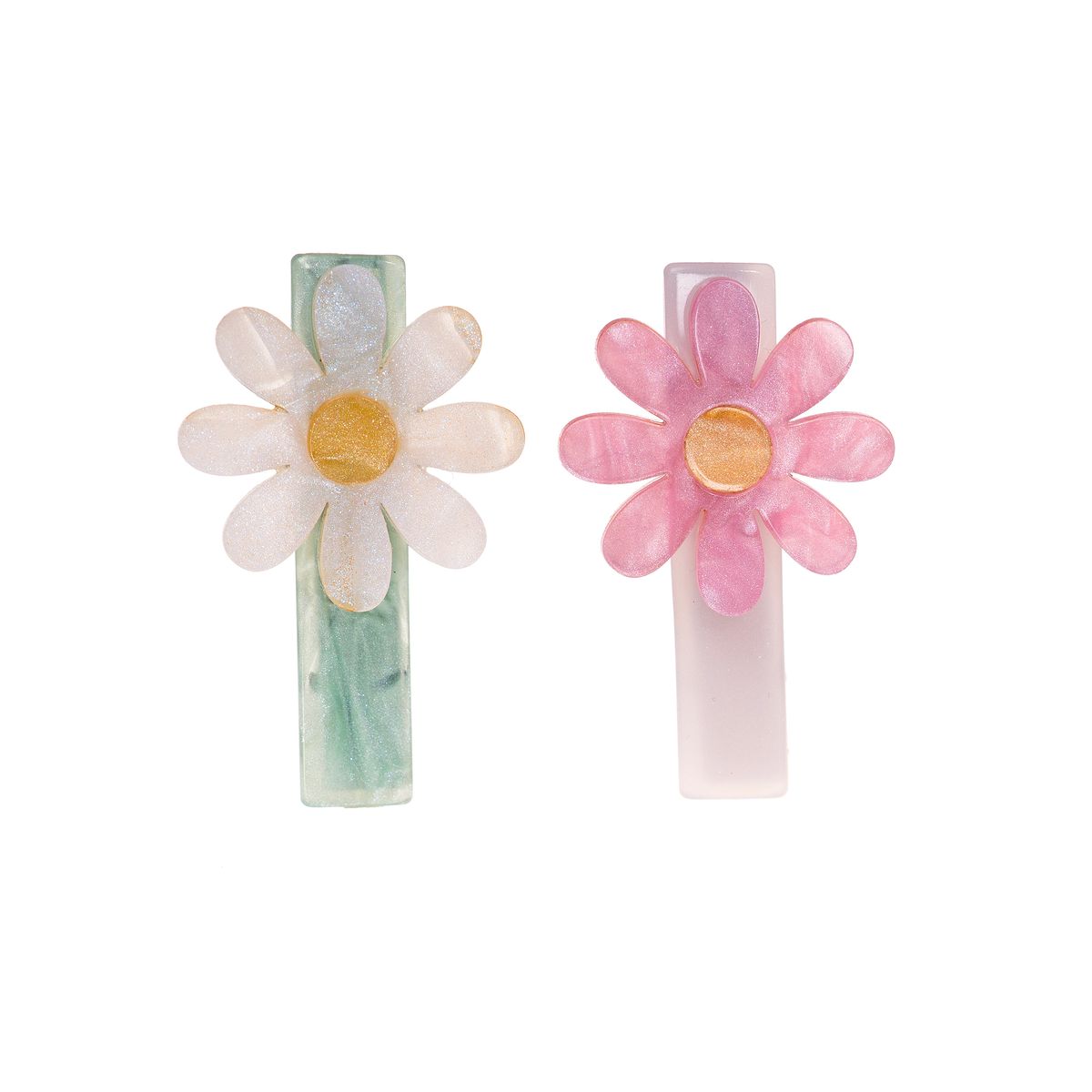 Two floral hair clips, one white and yellow, one pink and yellow, on a white background.