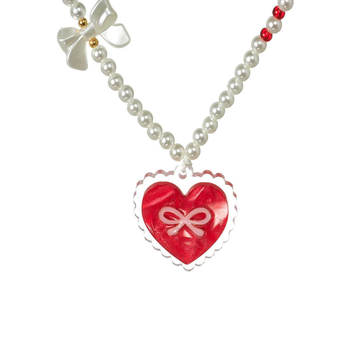 Necklace with a red heart-shaped pendant and white pearl chain on a white background