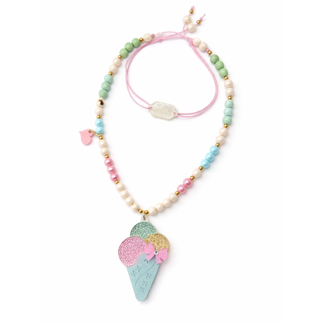 Necklace with ice cream cone pendant and colorful beads on a white background