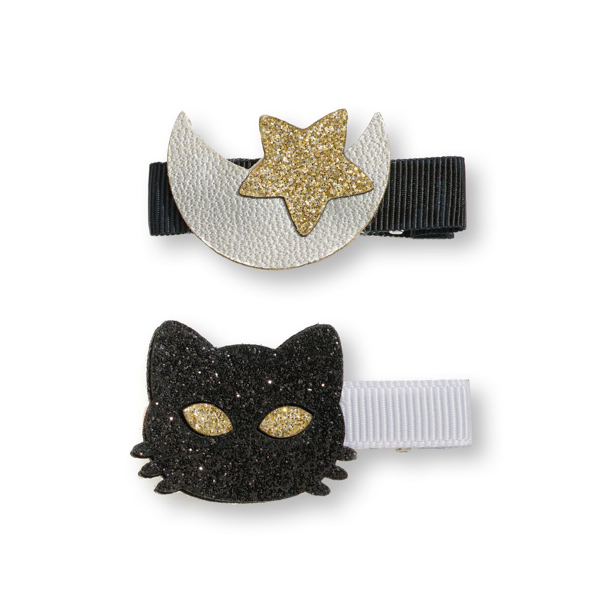 Two black ribbon hair clips on a white background. The top clip features a white faux-leather crescent moon with a glittery gold star in the center.