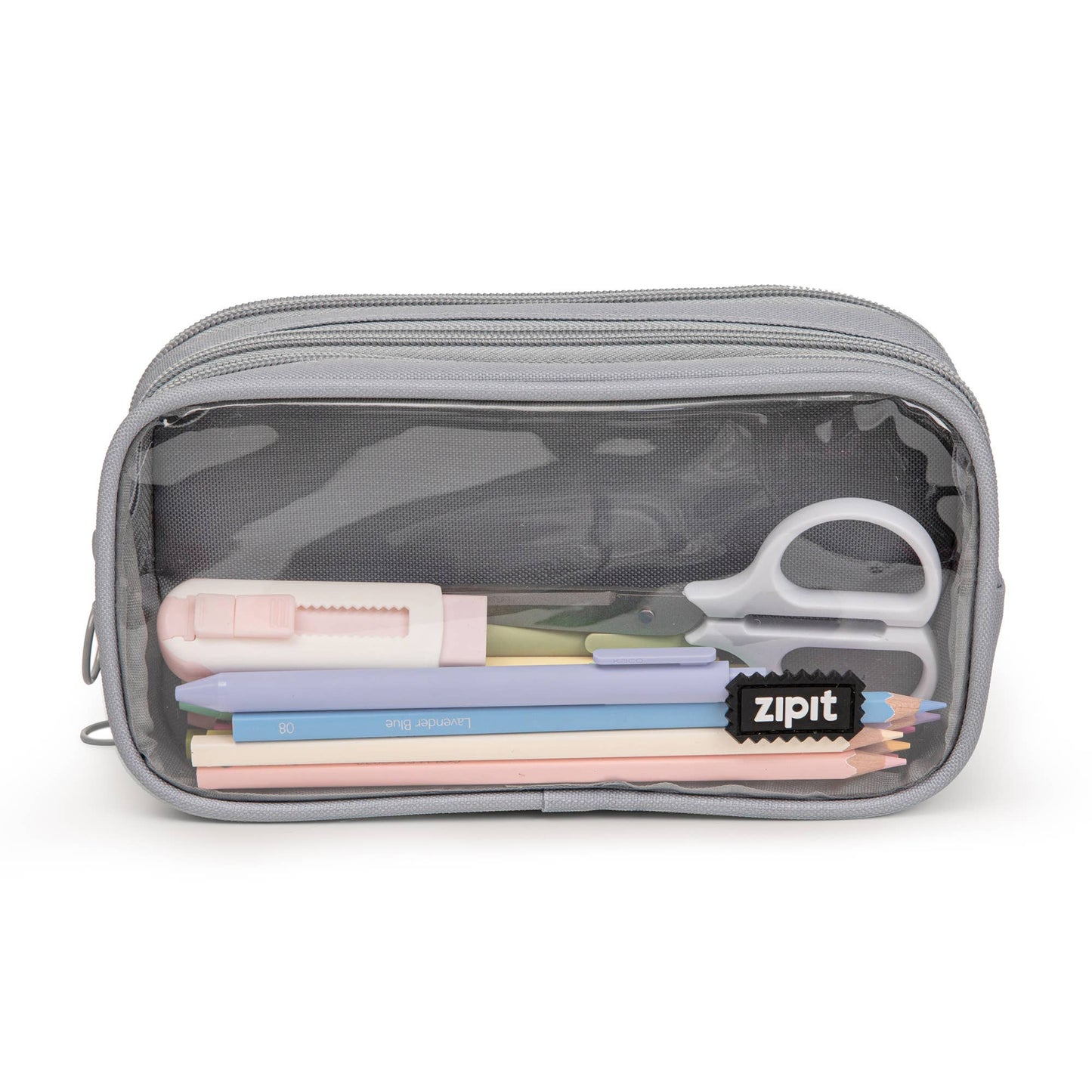 Gray pencil case with stationery items on a white background