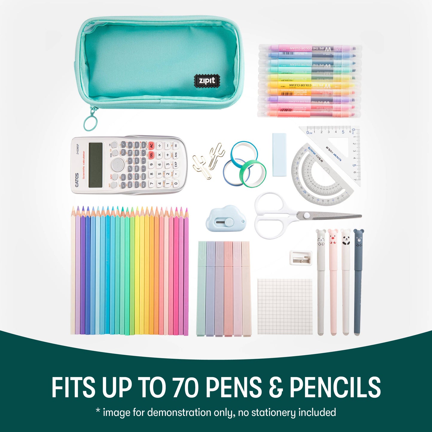 Collection of stationery items including pens, pencils, a calculator, and a pencil case on a white background.