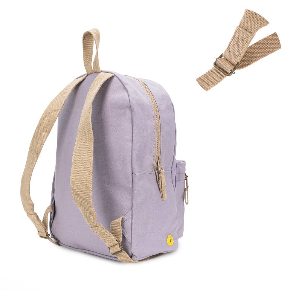 Purple backpack with beige straps on a white background