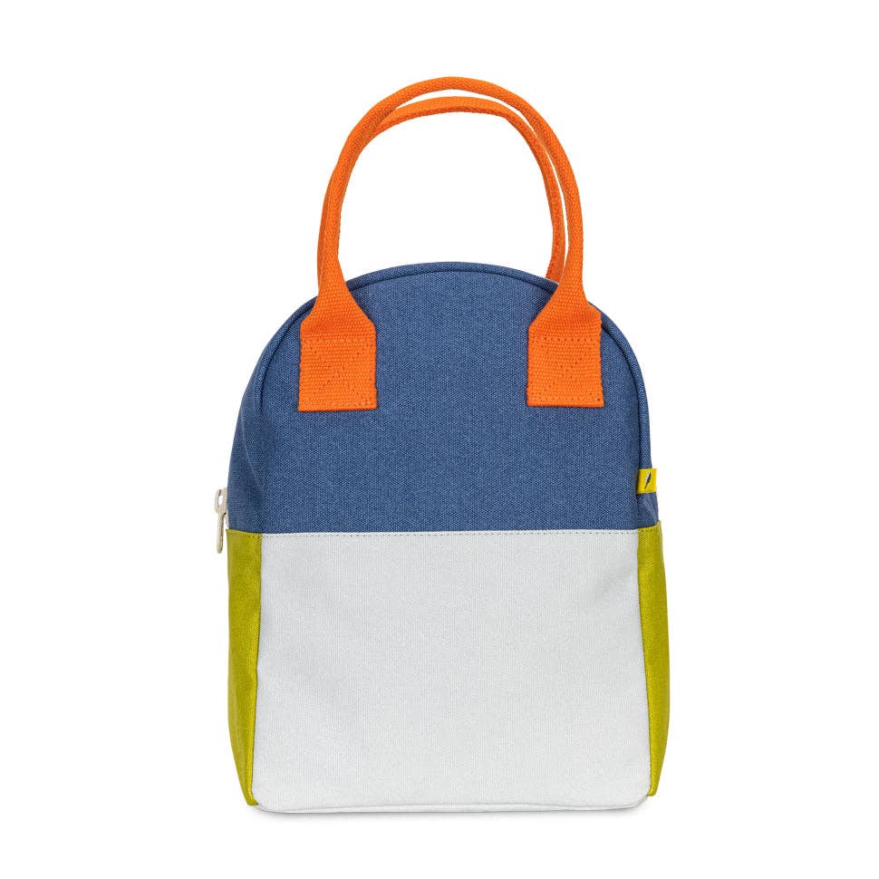 Multicolored bag with orange handles on a white background