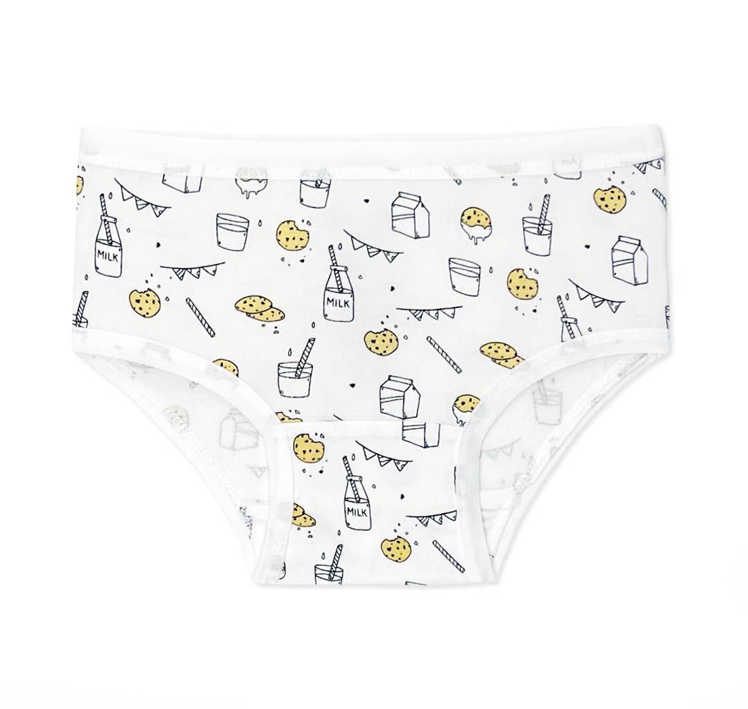 White underwear with milk and cookie pattern on a white background