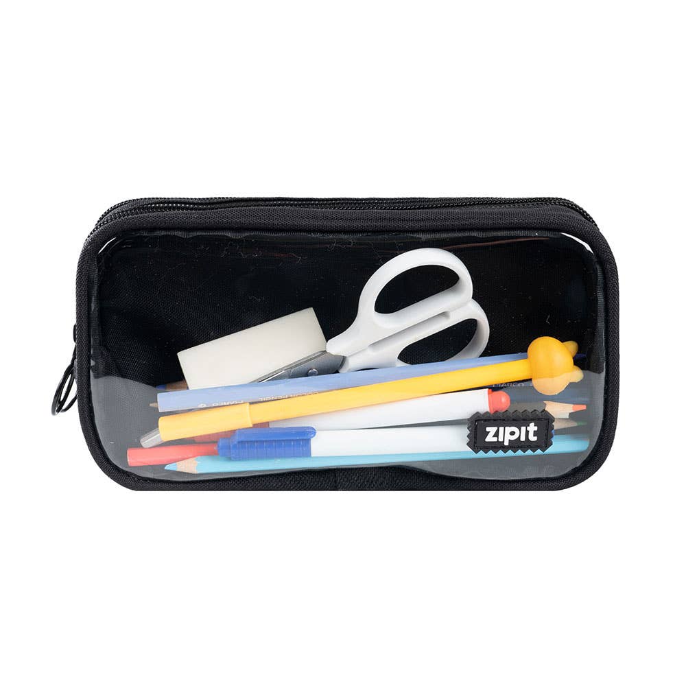 Black pencil case with stationery items and 'zipit' branding on a white background