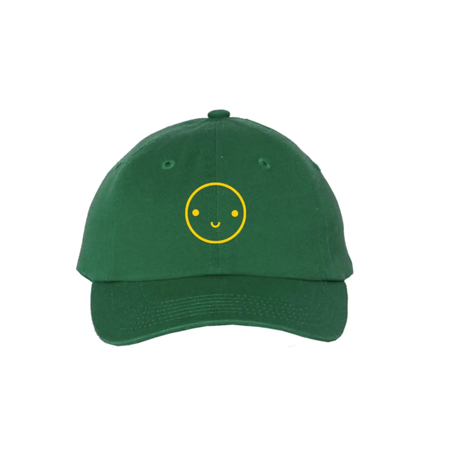 Green cap with a yellow smiley face design on a white background