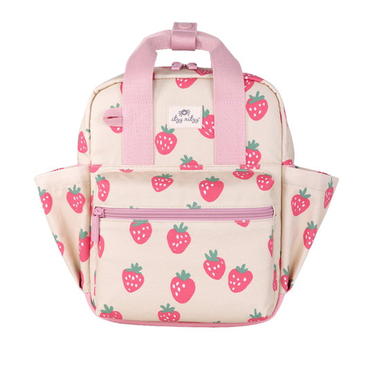 Backpack with strawberry pattern on a beige background