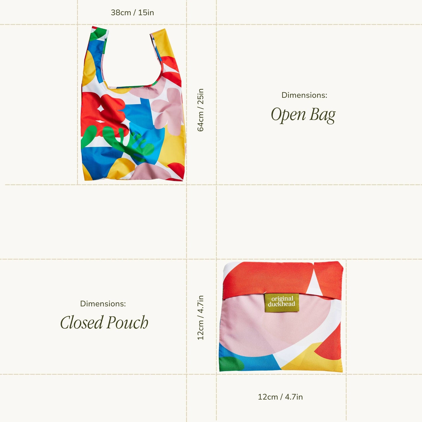 Colorful reusable bag with dimensions displayed on a grid background