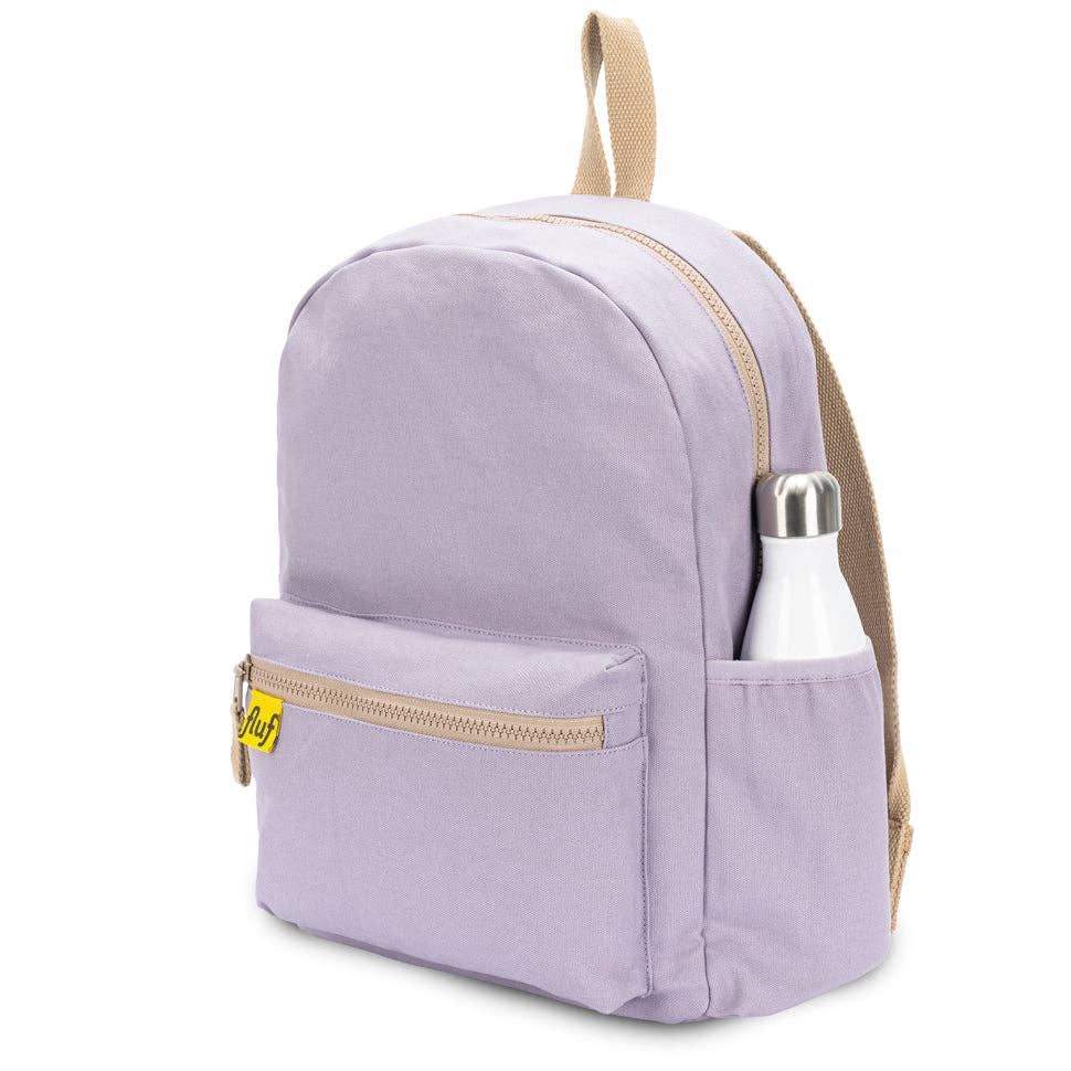 Lavender backpack with beige straps and a water bottle inside on a white background