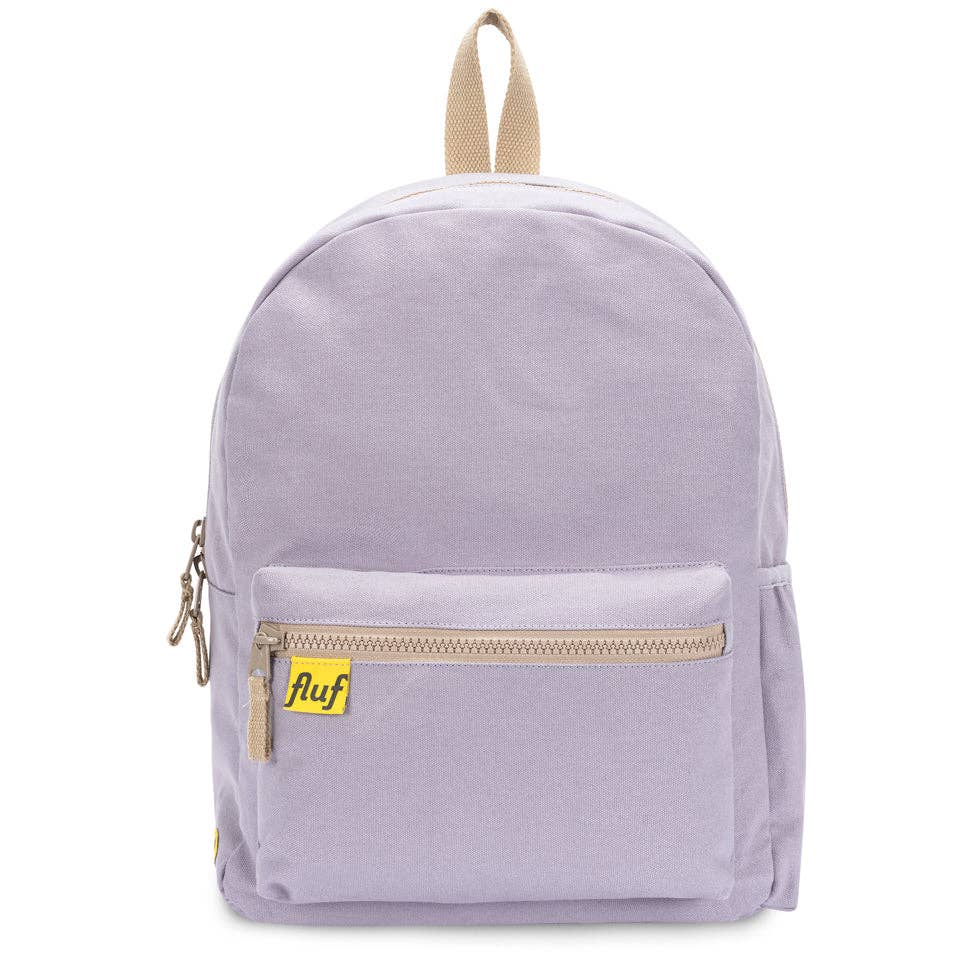 Light purple backpack with a yellow zipper pull on a white background