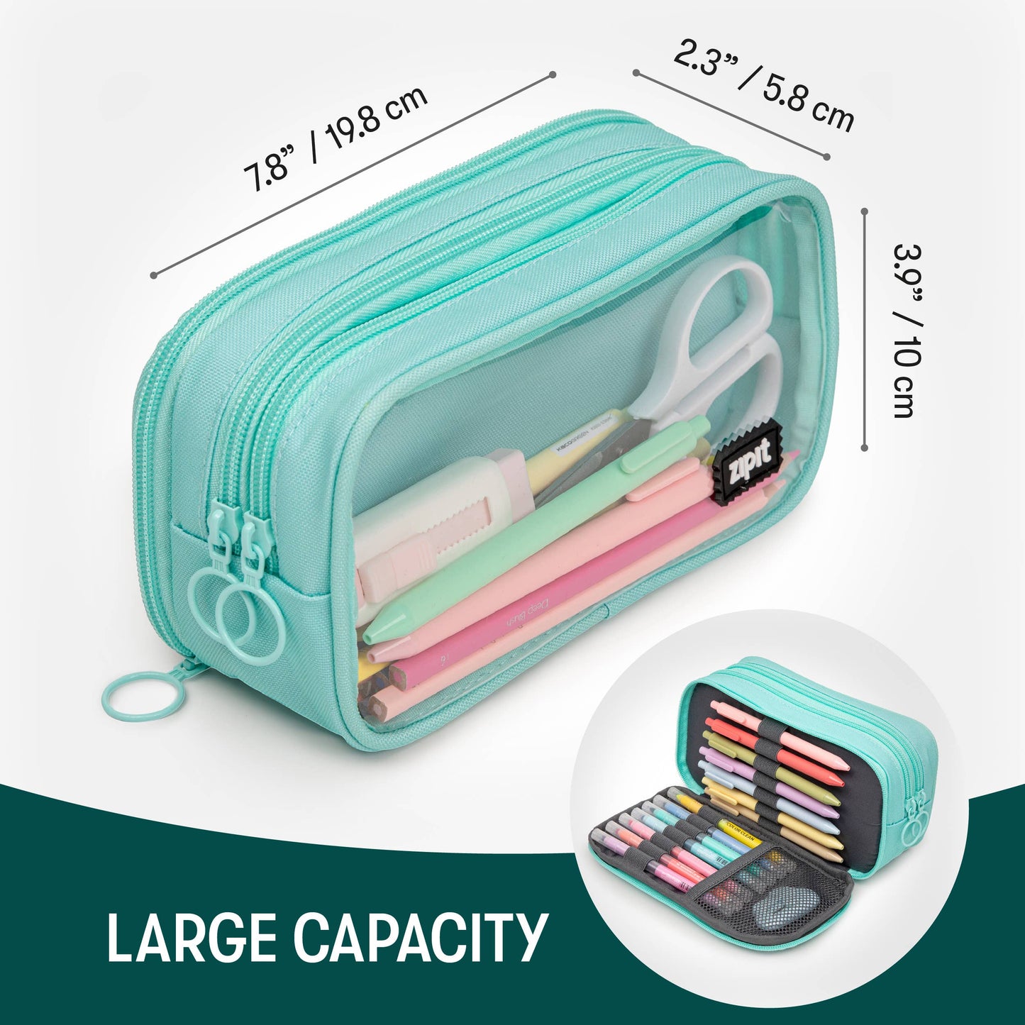 Teal pencil case with measurements and stationery items on a white background