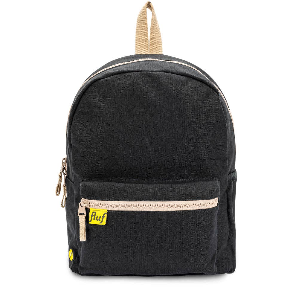 Black backpack with beige accents and a visible brand logo on a white background