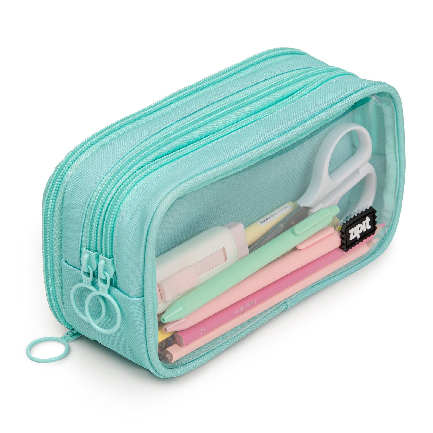Turquoise pencil case with stationery items on a white background