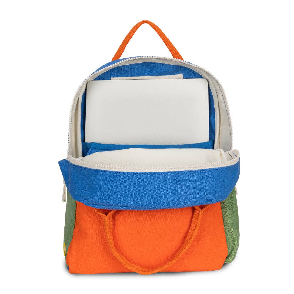 Colorful backpack with orange, blue, and green sections on a white background