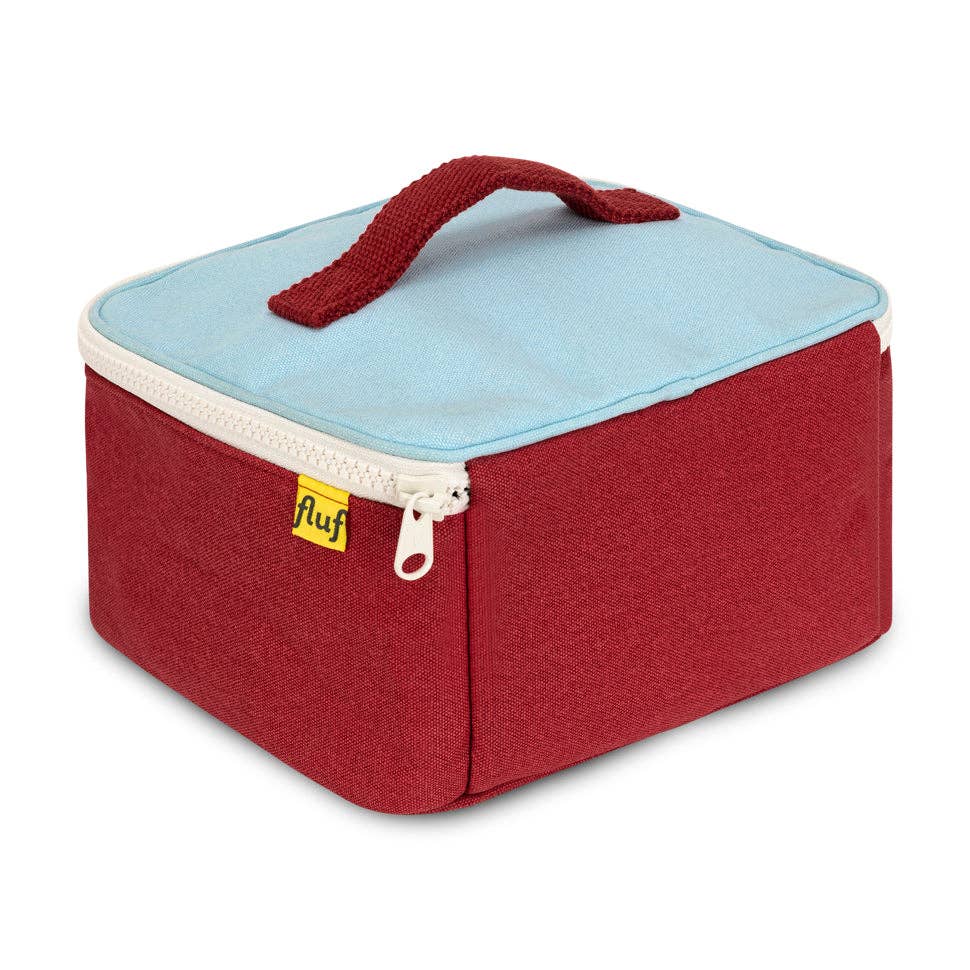 Red and blue insulated lunch bag with a yellow 'fluf' logo on a white background