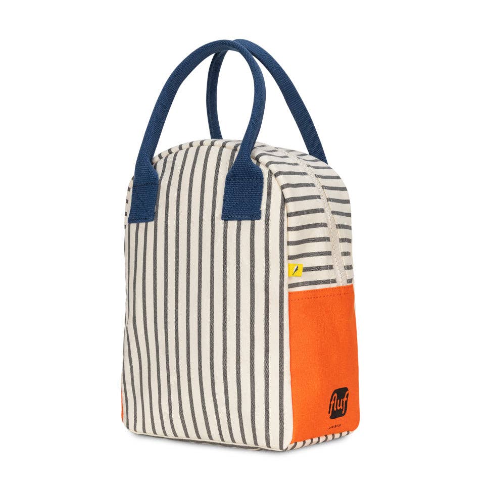 Striped lunch bag with orange accent and blue handles on a white background