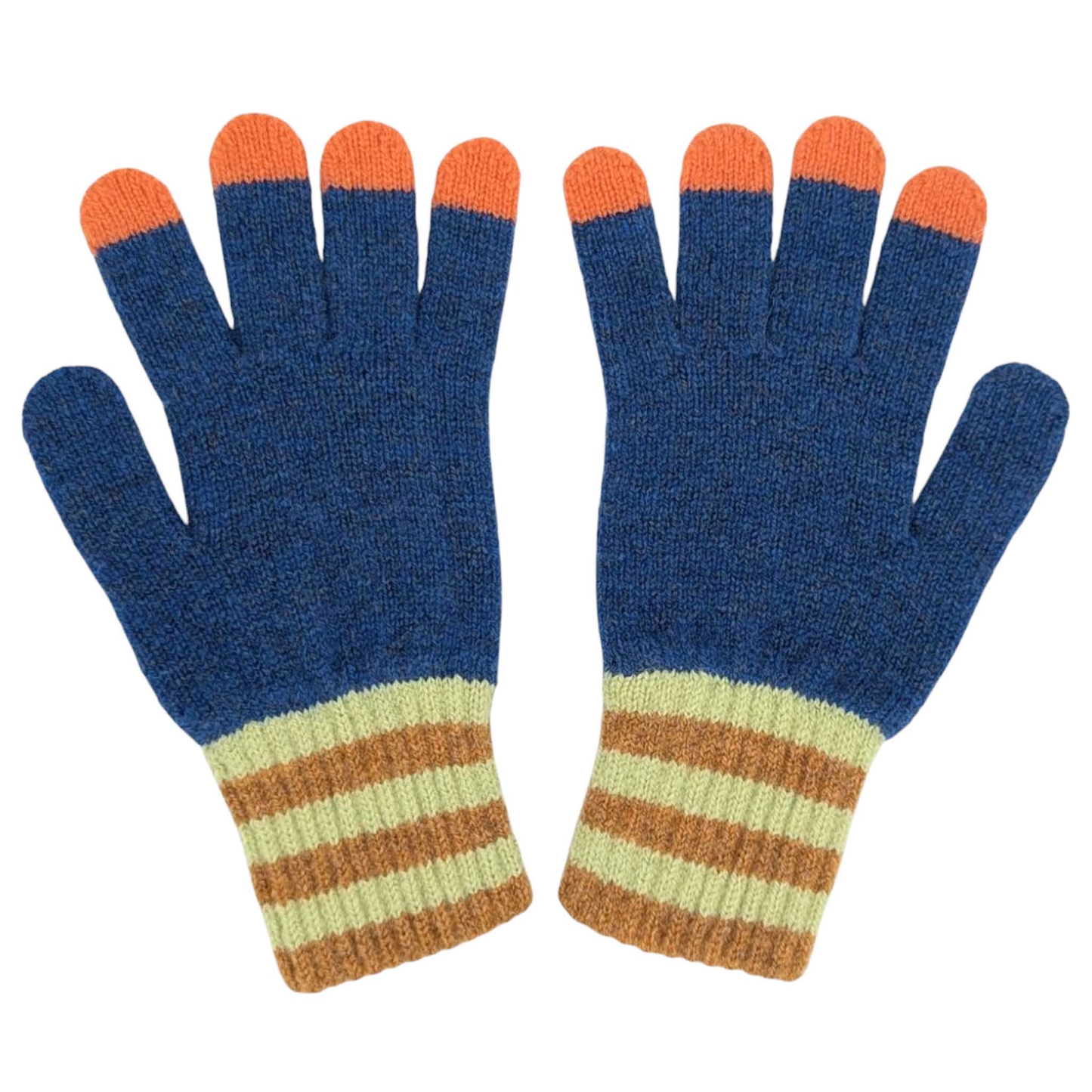 Pair of blue gloves with colorful cuffs on a white background