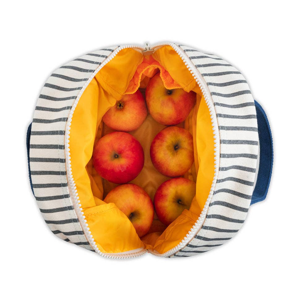 Striped fabric bag with apples inside on a white background