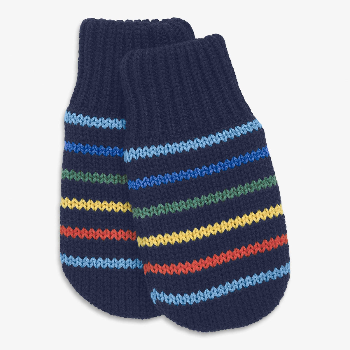 A pair of navy blue knit mittens with horizontal wavy stripes in light blue, green, yellow, red, and orange, displayed on a clean white background.