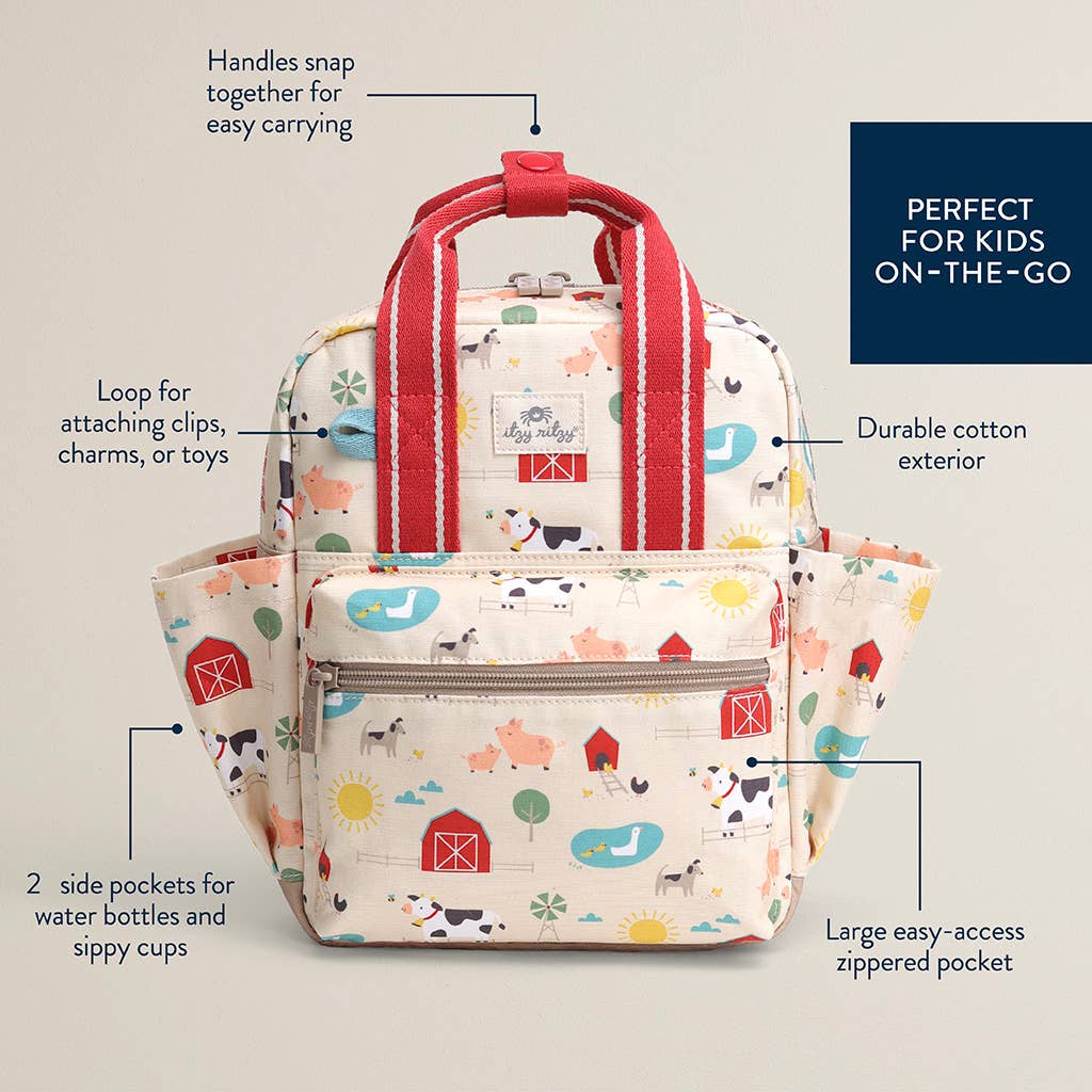 Backpack with farm animal pattern and features highlighted on a beige background