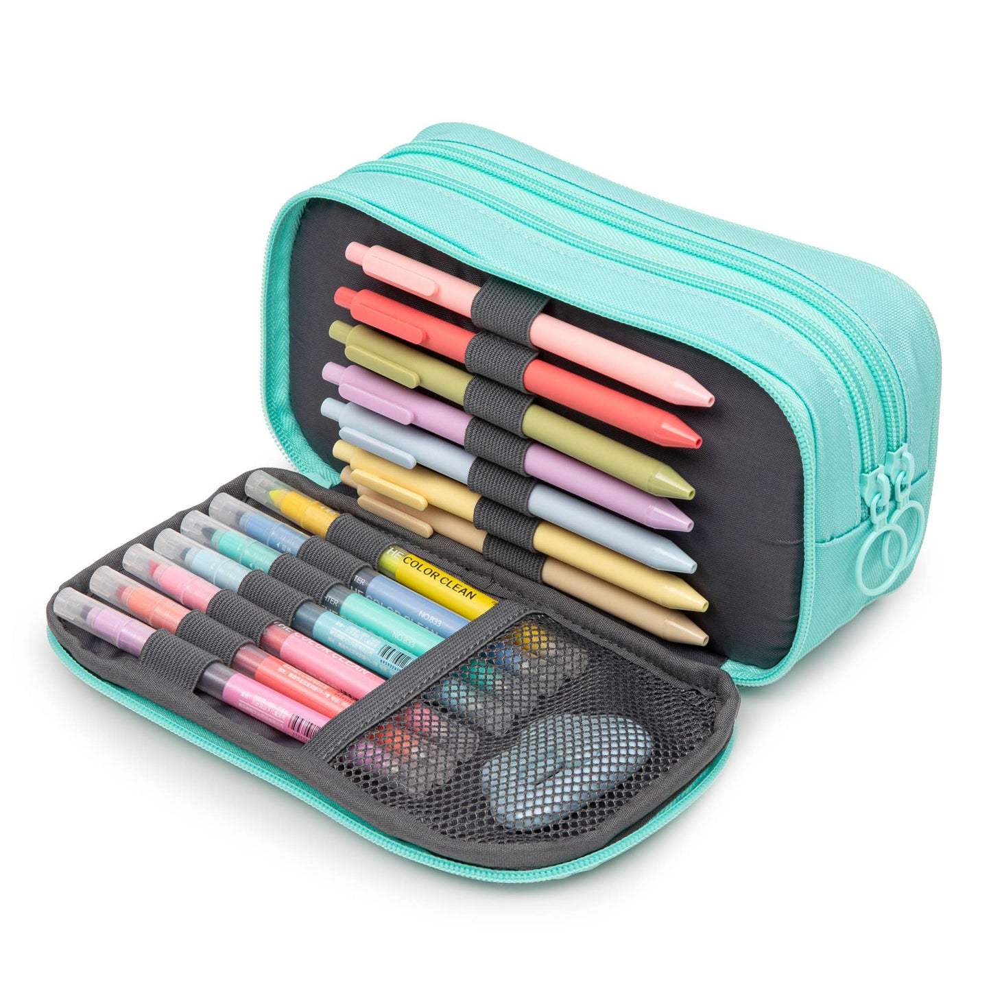 Turquoise pencil case with colorful pens and markers on a white background