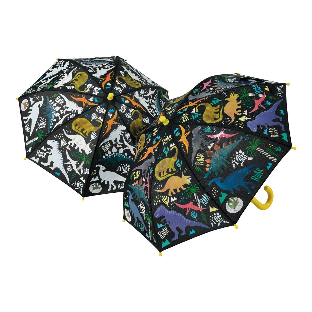 Two dinosaur-themed umbrellas on a white background