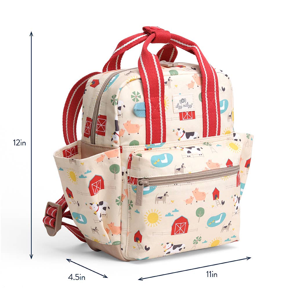 Backpack with farm animal pattern and dimensions on a white background