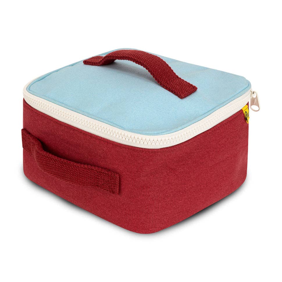 Rectangular lunch box with red and blue design on a white background