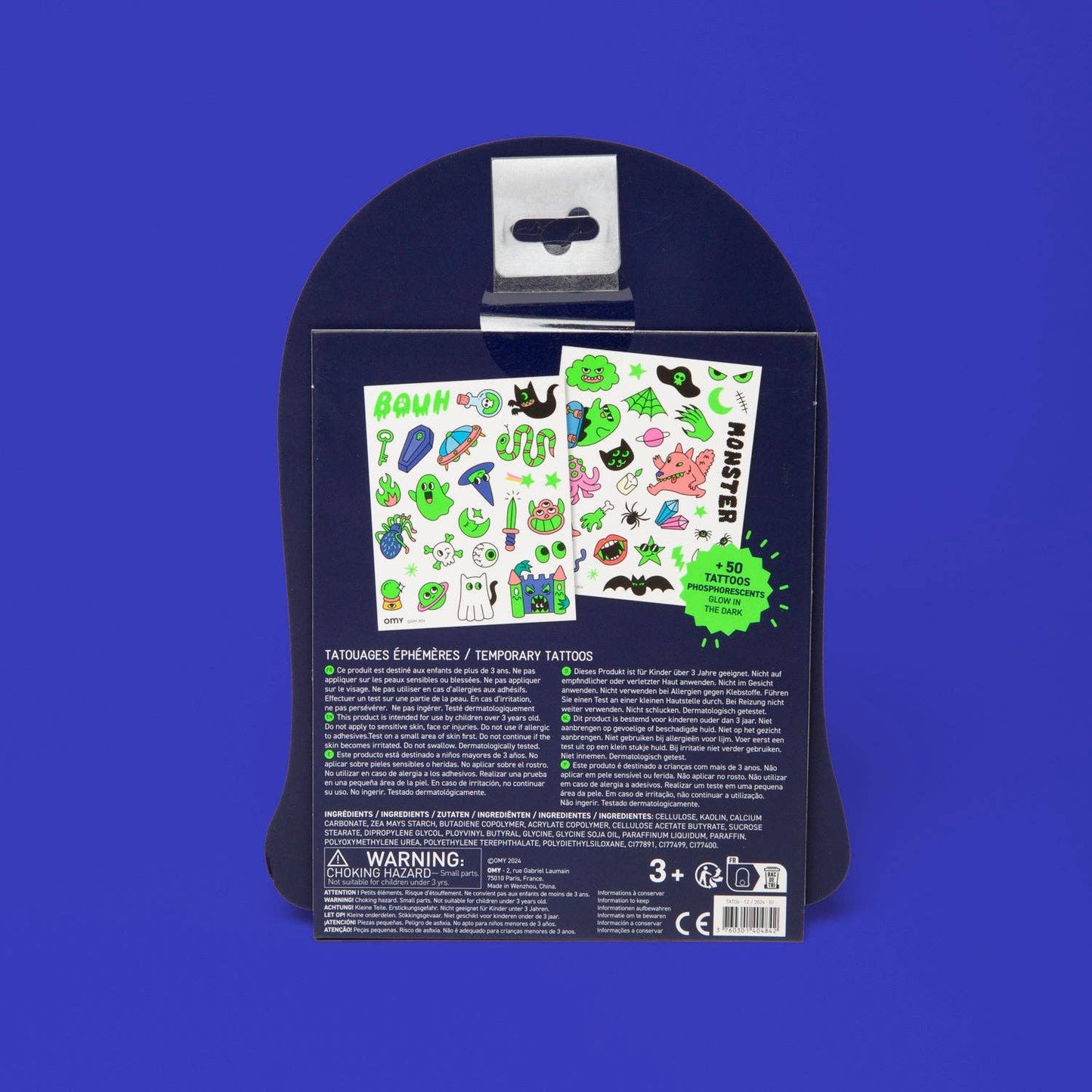 Packaging of temporary tattoos with a blue background