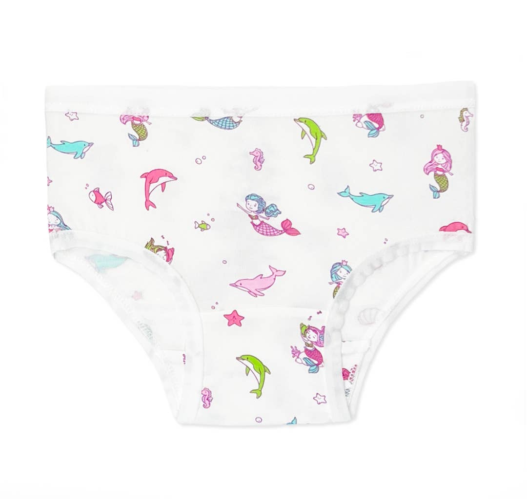 Children's underwear with mermaid and dolphin pattern on a white background