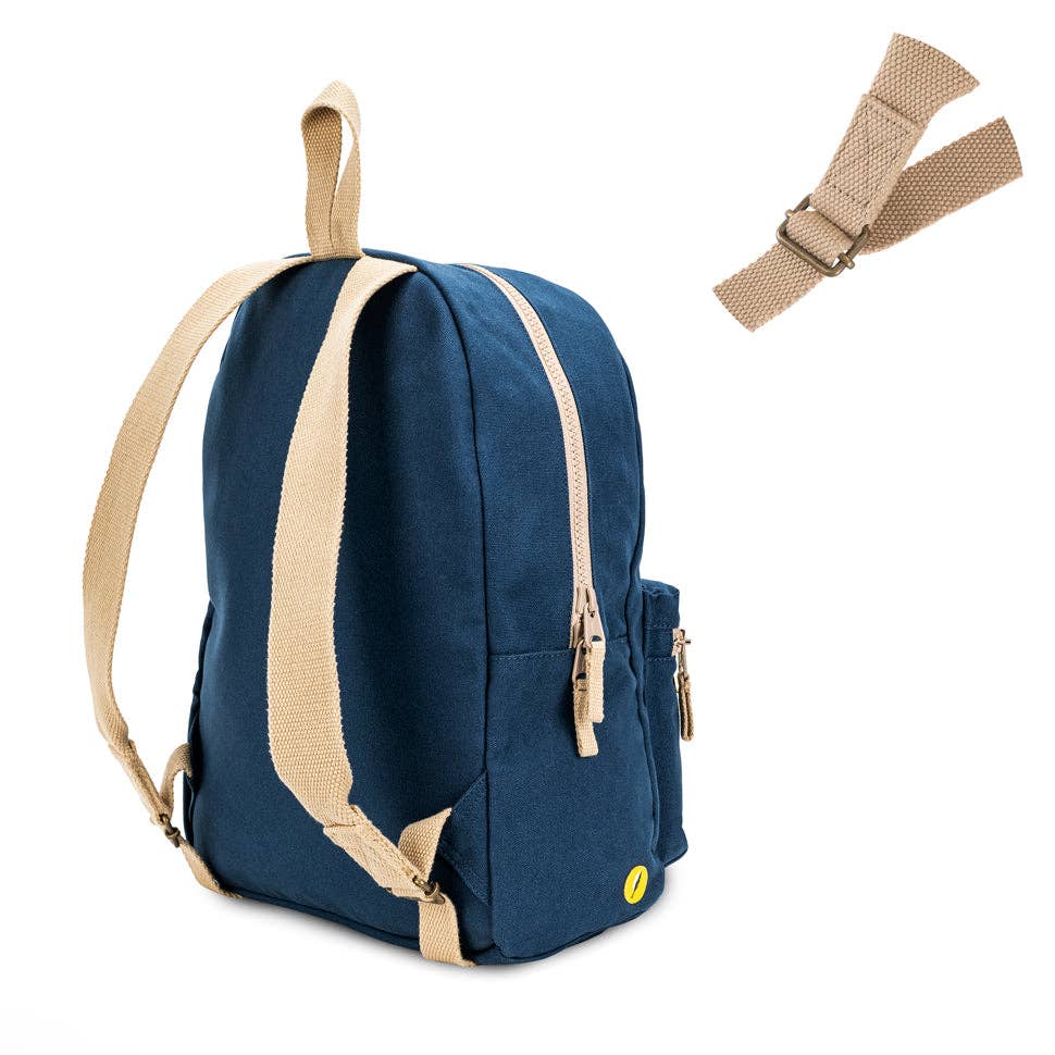 Blue backpack with beige straps on a white background