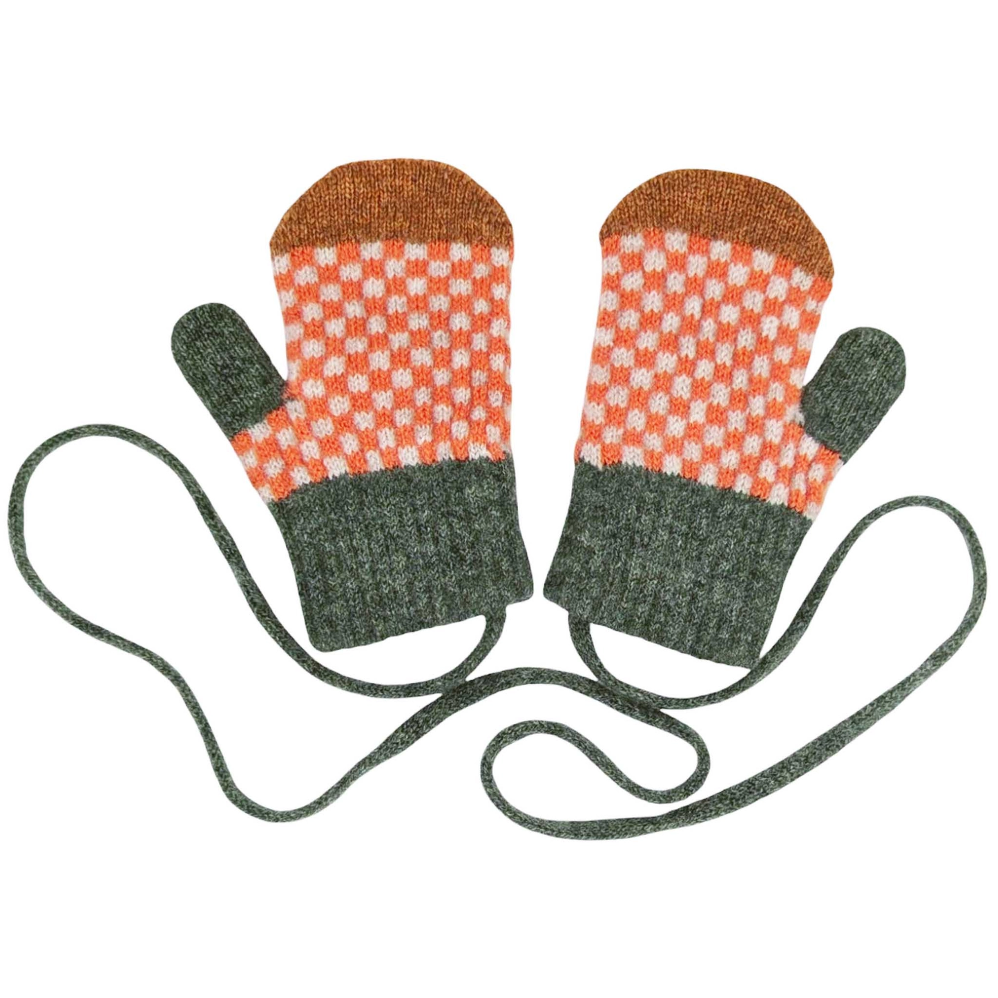 Pair of knitted mittens with a checkered pattern on a white background