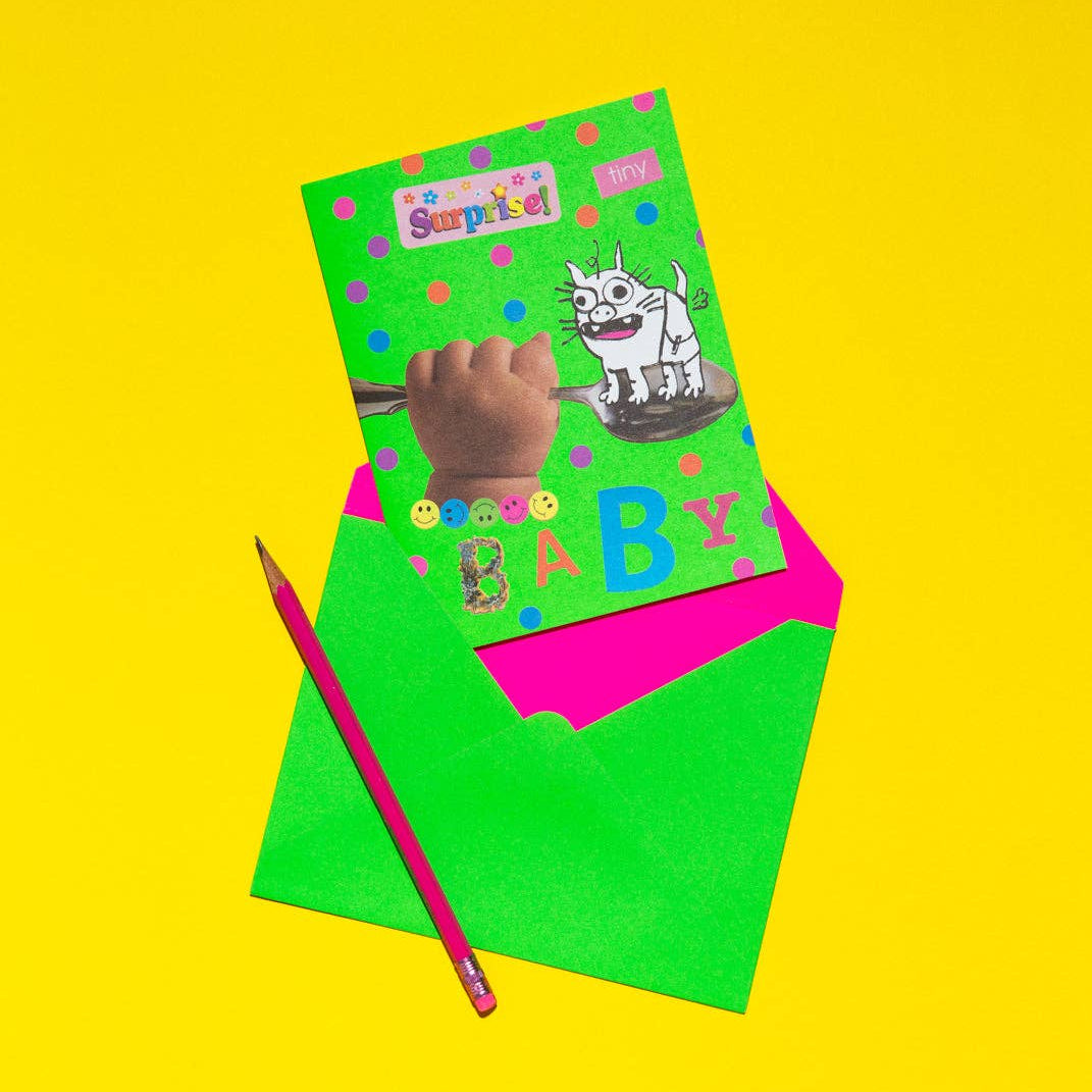 Colorful card with a pencil on a yellow background