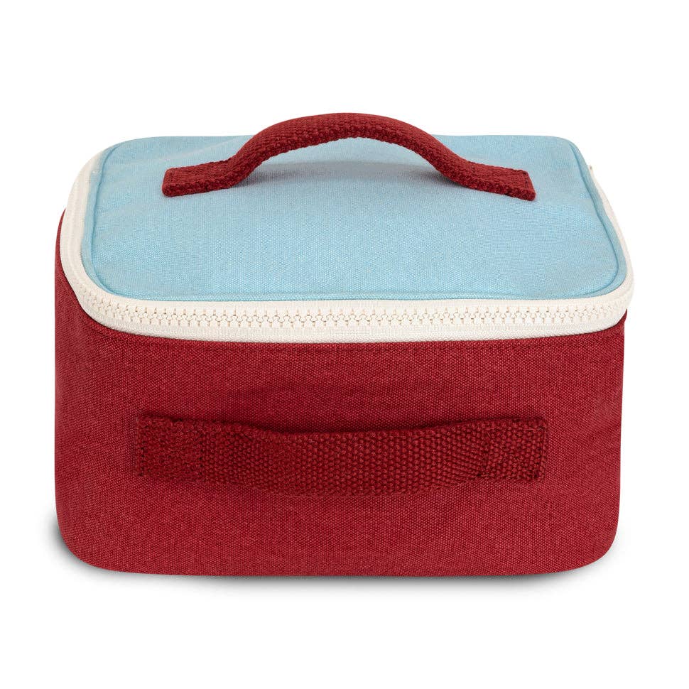 Rectangular storage box with a red base and light blue top on a white background