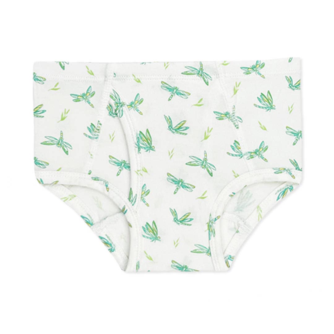 White underwear with green dragonfly pattern on a white background