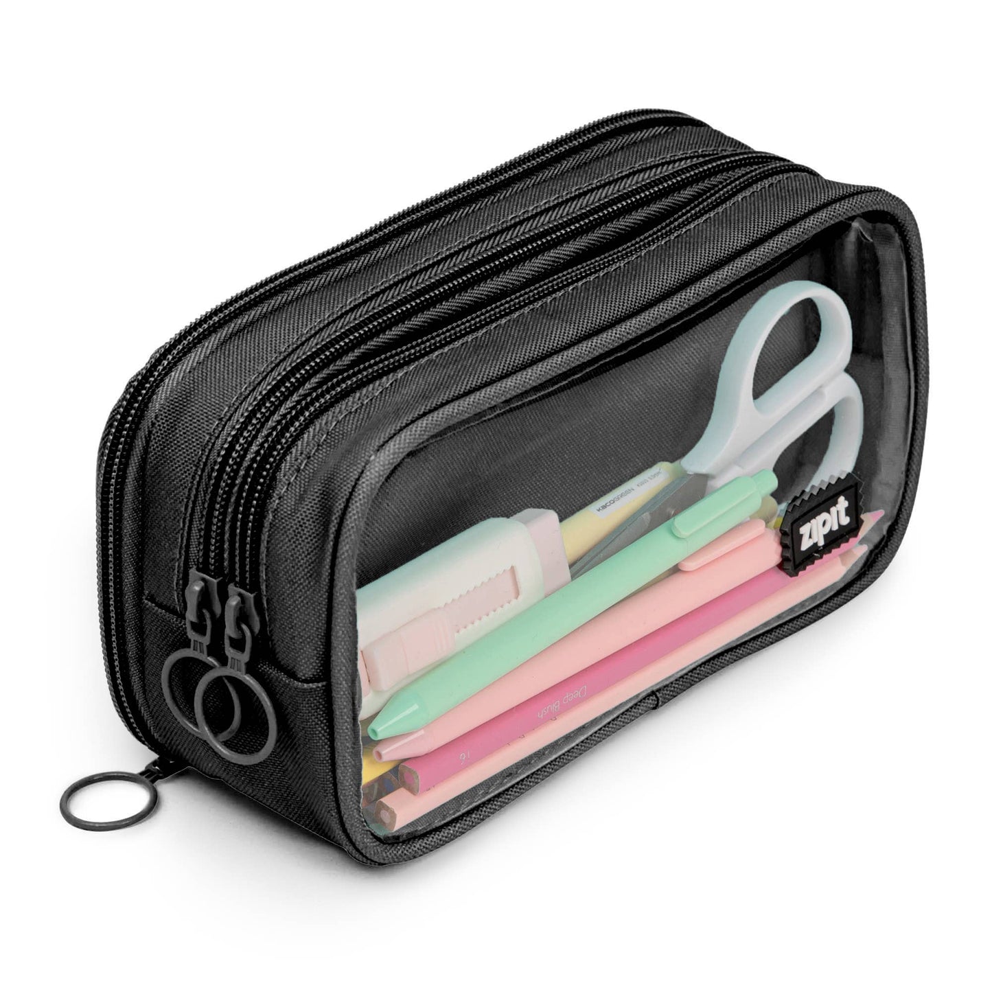 Black travel pouch with transparent window showing colorful pens and scissors, on a white background.