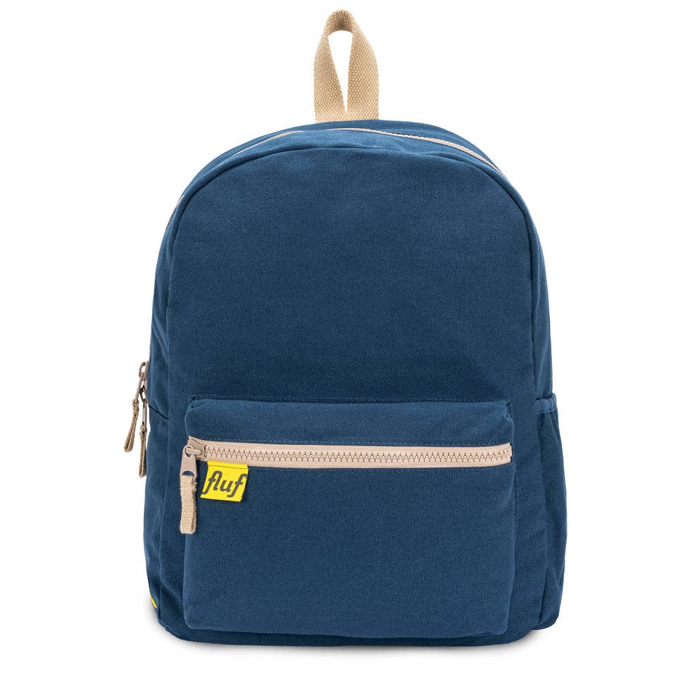 Blue backpack with beige accents on a white background
