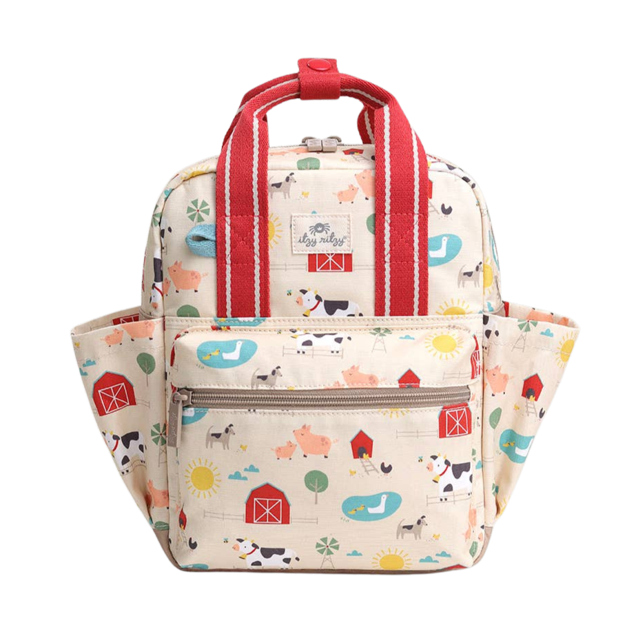 Backpack with farm animal pattern on a white background