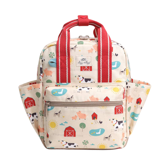 Backpack with farm animal pattern on a white background