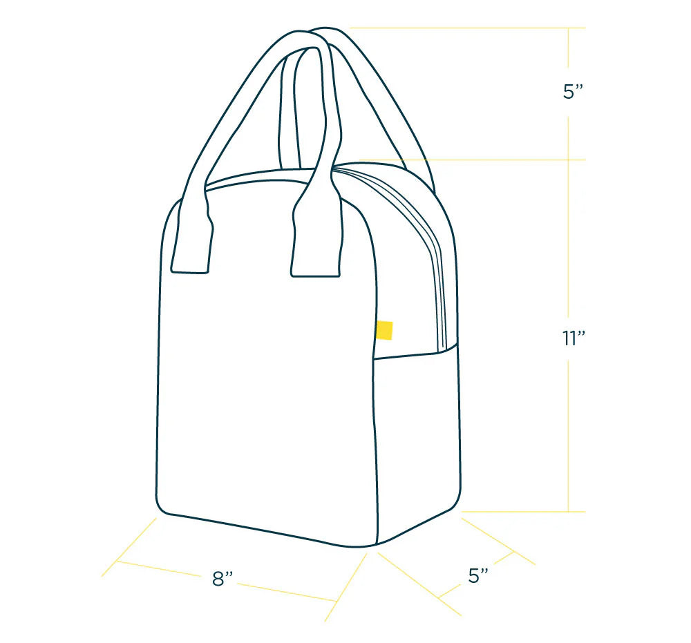 Outline of a tote bag with dimensions labeled on a white background