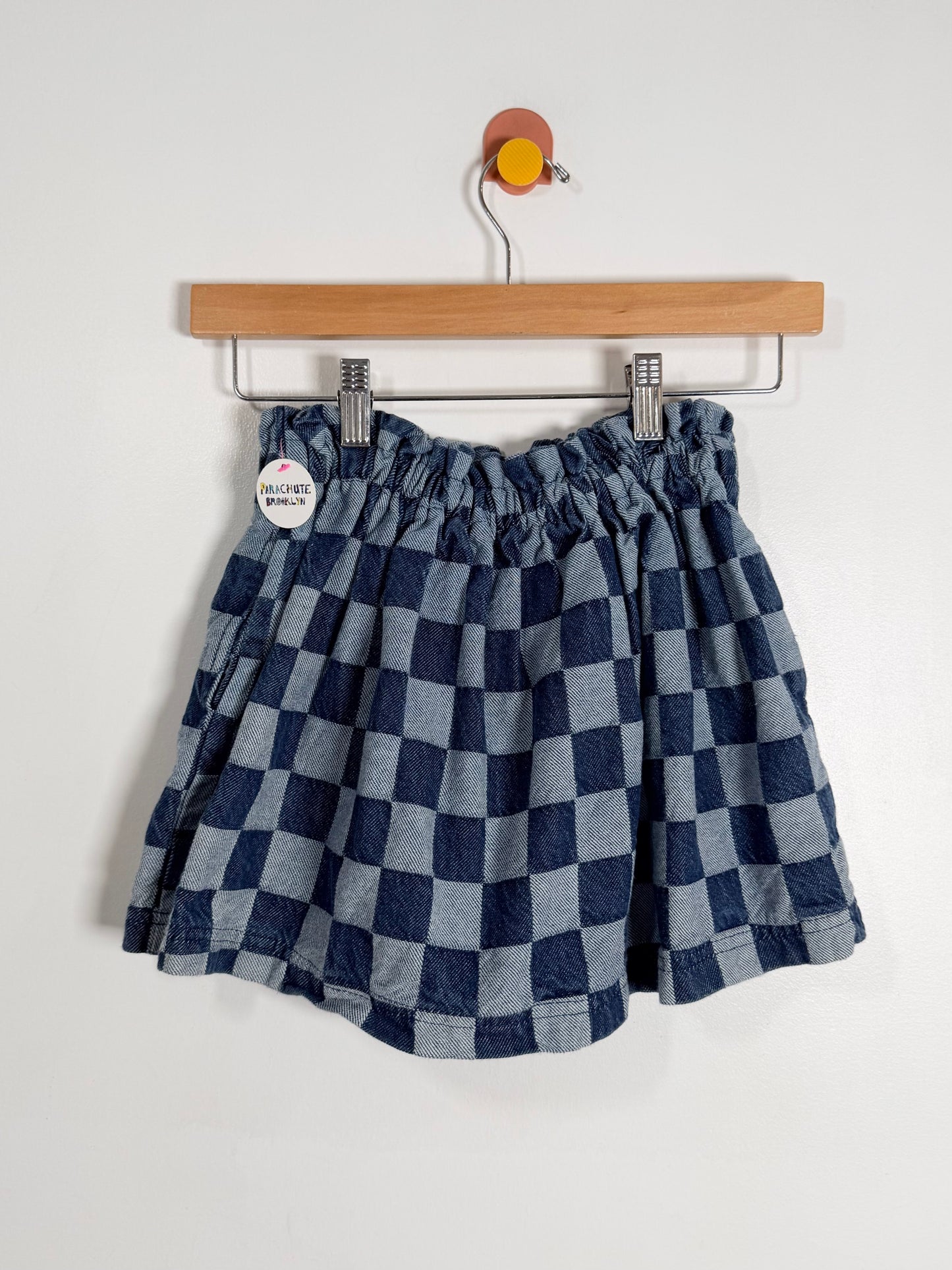 Checkered skirt on a wooden hanger against a white background