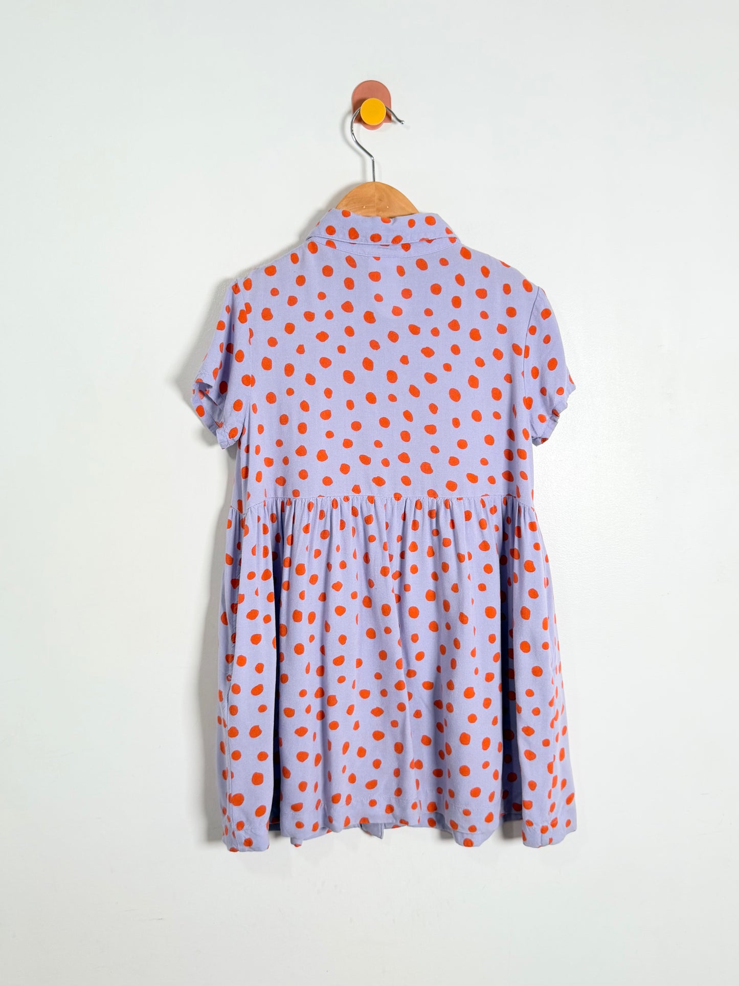 Polka dot dress on a hanger against a white background