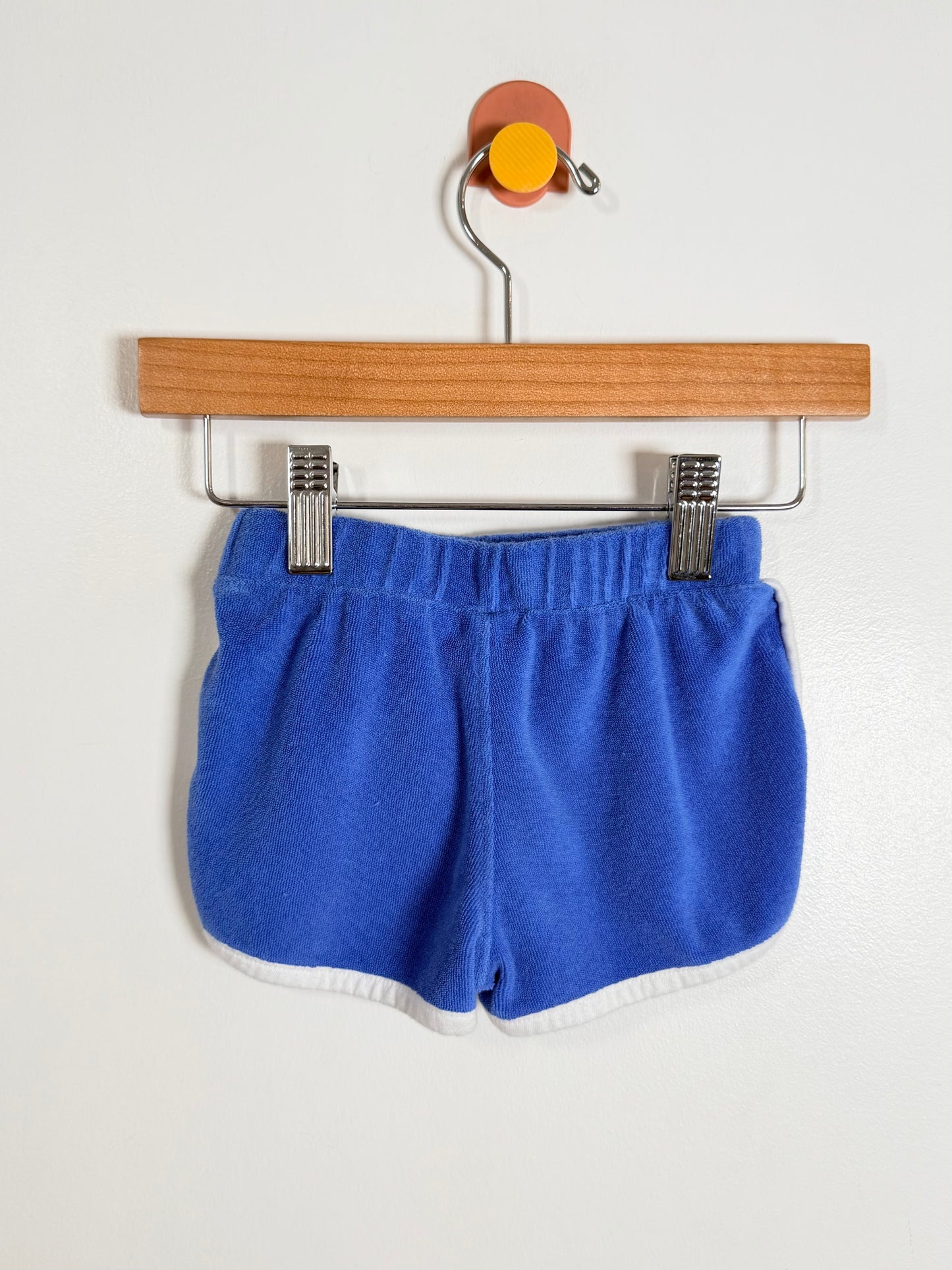 Blue shorts on a wooden hanger against a white background