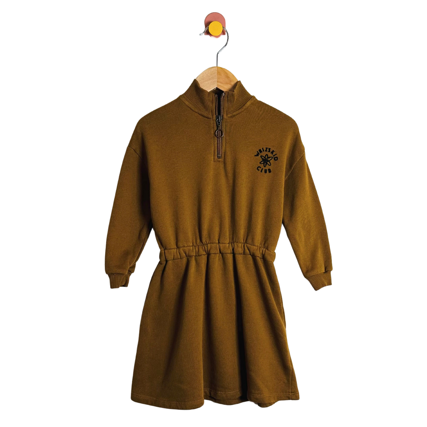 Brown dress with a logo on a hanger against a white background