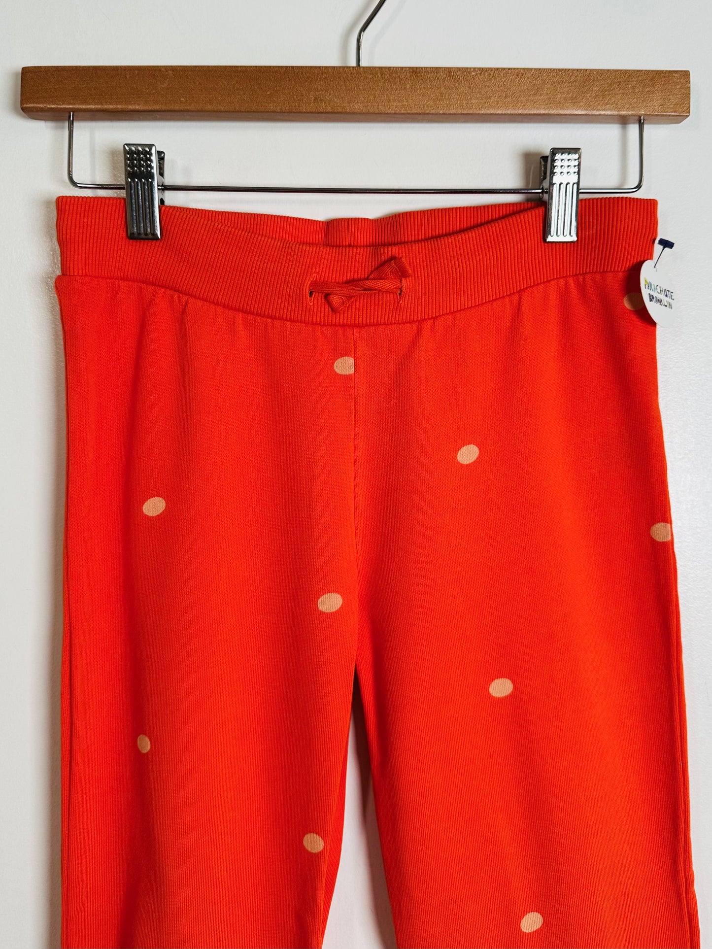 Red pants with gold polka dots on a hanger against a white background
