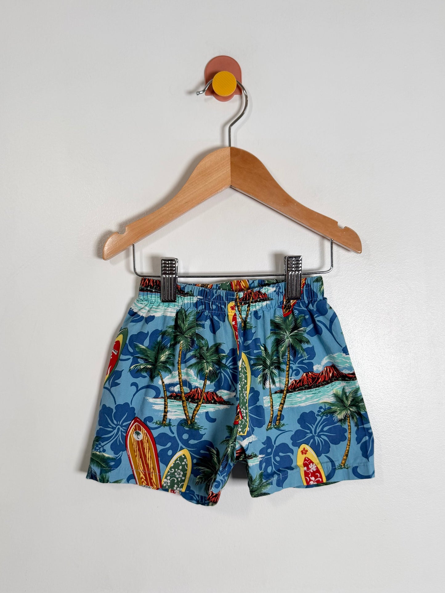 Blue tropical print swim shorts featuring palm trees, waves, and surfboards, hanging from a wooden hanger against a plain white wall.
