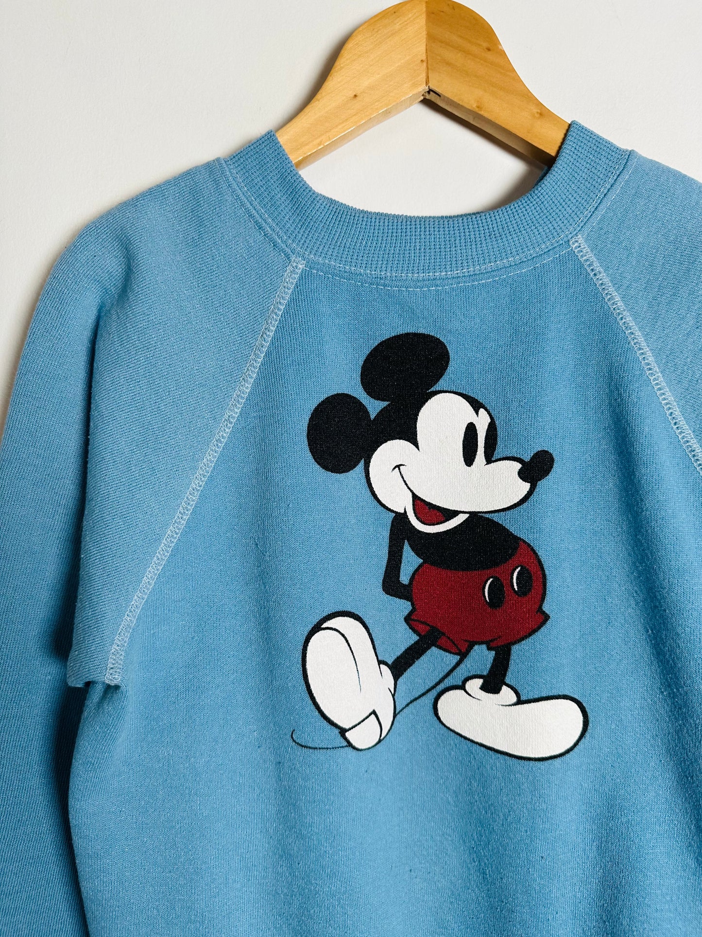 Blue sweatshirt with a cartoon character on a hanger against a light gray background