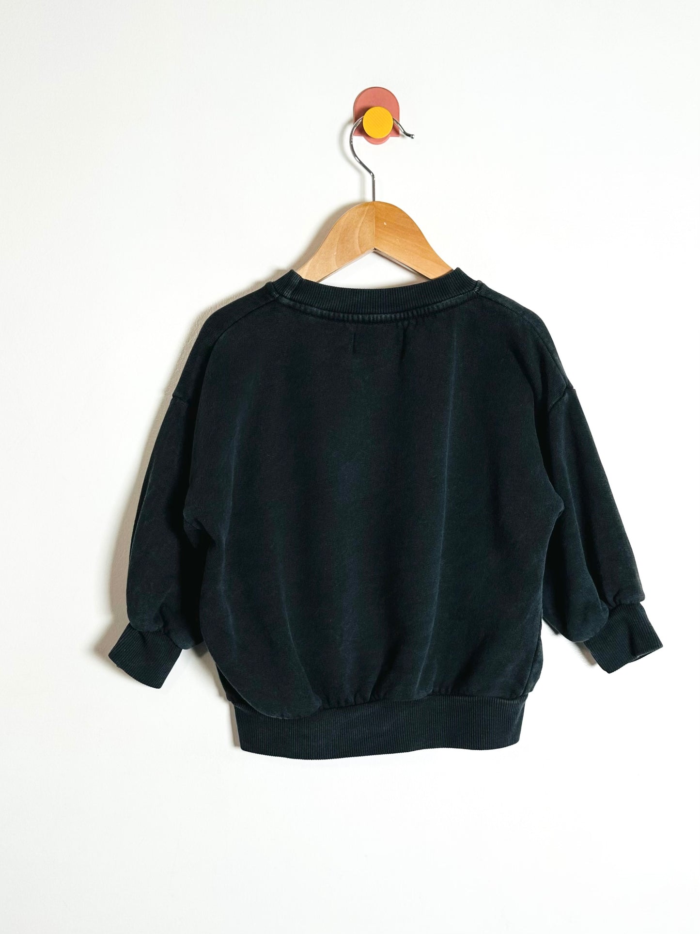 Black sweater on a wooden hanger against a white background